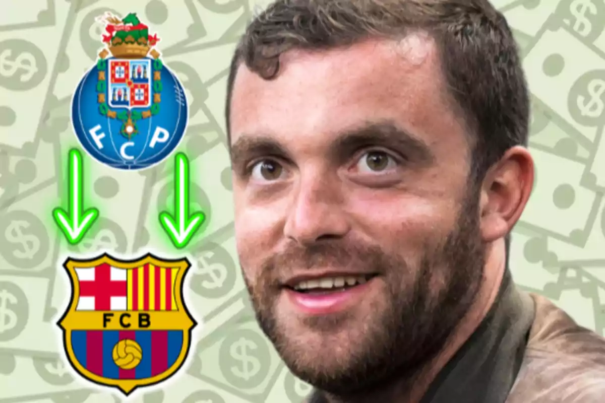 Un hombre sonriente aparece en primer plano con los escudos del FC Porto y el FC Barcelona junto a flechas verdes que indican un posible traspaso entre ambos equipos sobre un fondo de billetes.