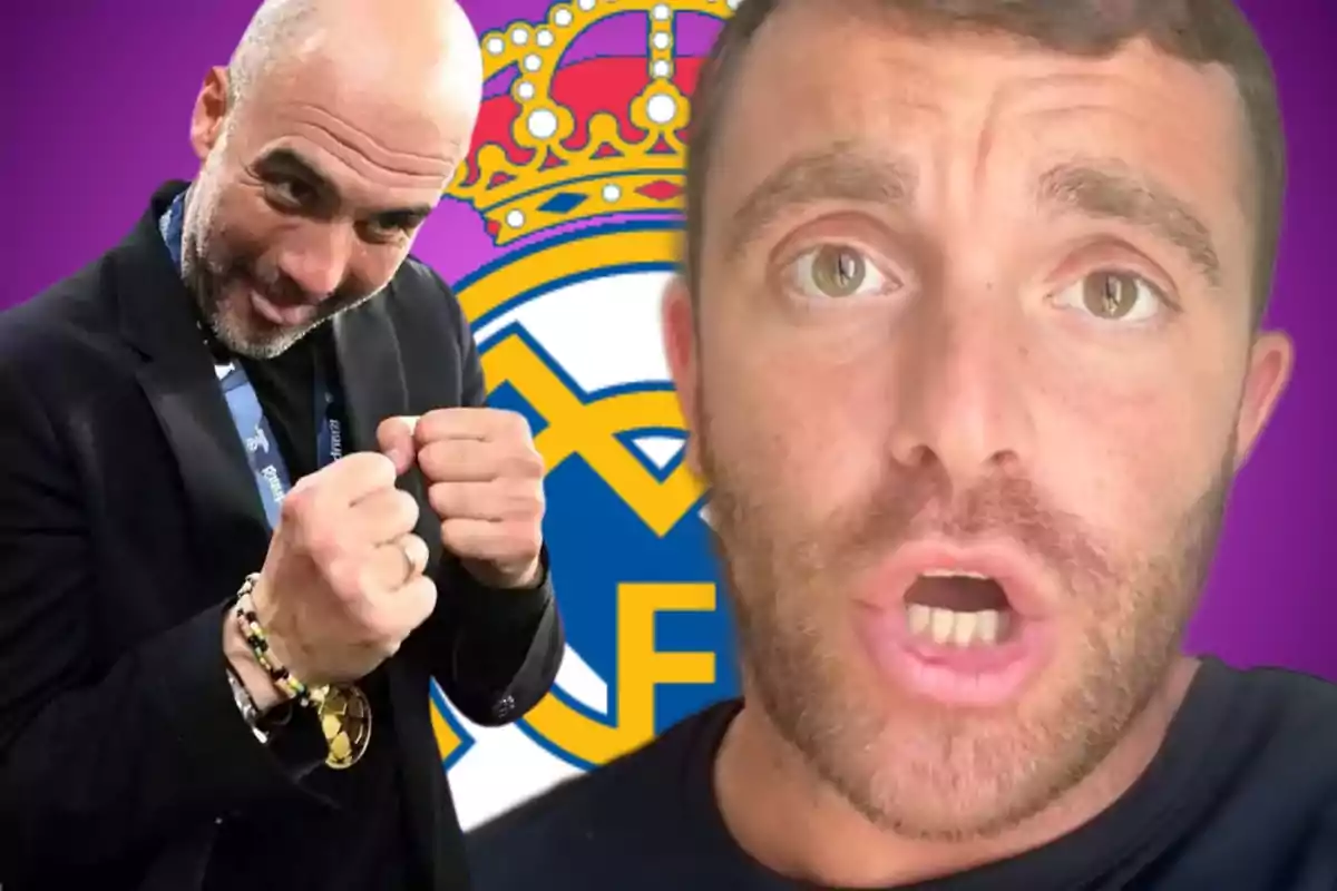 Two men in the foreground with the Real Madrid crest in the background on a purple backdrop