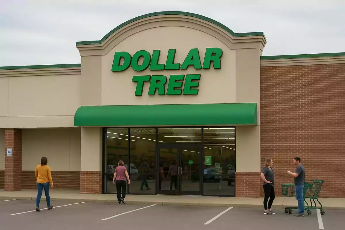 Fachada de una tienda Dollar Tree con varias personas en el estacionamiento y dos carritos de compras verdes. Fachada de una tienda Dollar Tree con varias personas en el estacionamiento y dos carritos de compras verdes.