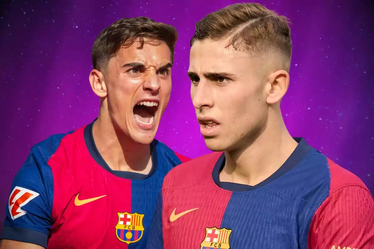 Two Barcelona players with intense expressions and a purple background