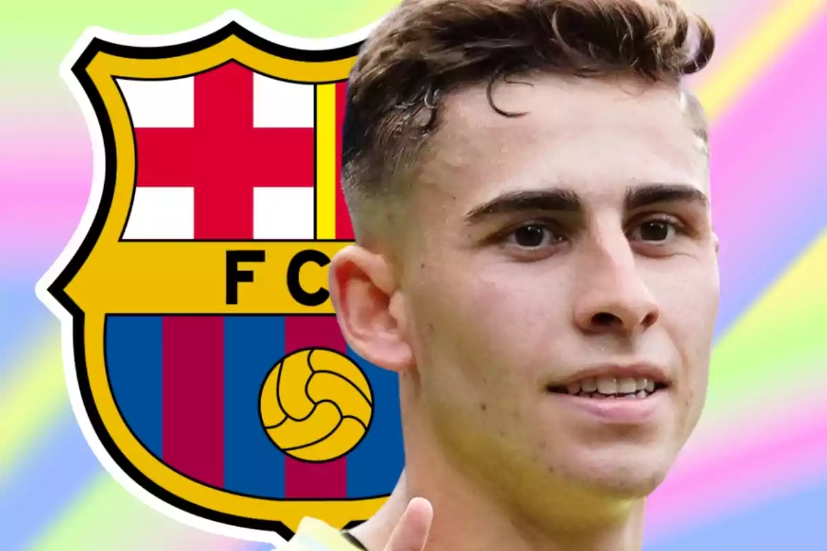 Smiling young player with the FC Barcelona crest in the background and vibrant colors
