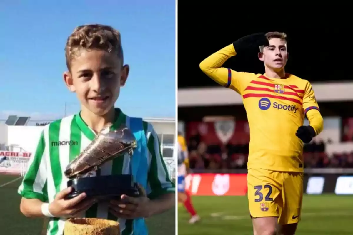 Un nen amb uniforme de futbol verd i blanc sosté un trofeu en un camp, al costat d’un jove futbolista amb uniforme groc celebrant en una pista professional. Un nen amb uniforme de futbol verd i blanc sosté un trofeu en un camp, al costat d’un jove futbolista amb uniforme groc celebrant en una pista professional.