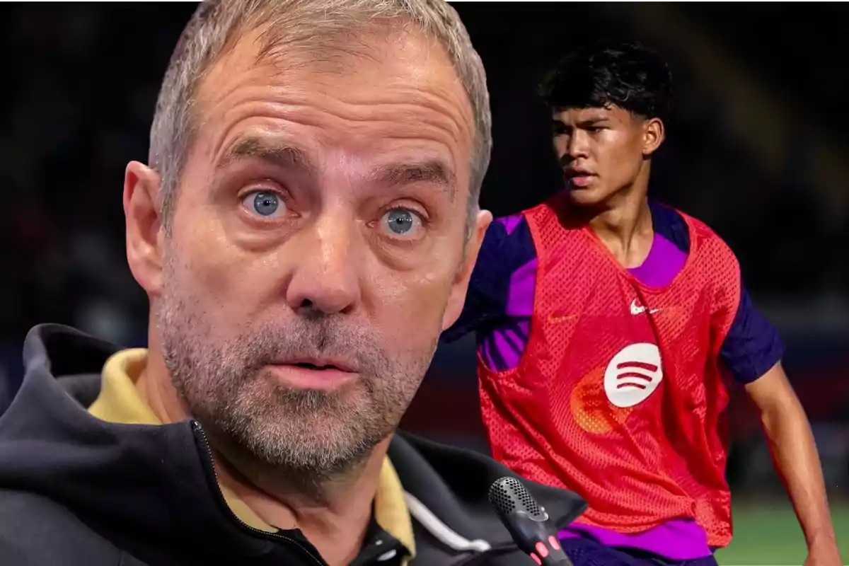 A soccer coach with a serious expression in the foreground and a young player wearing a training bib in the background