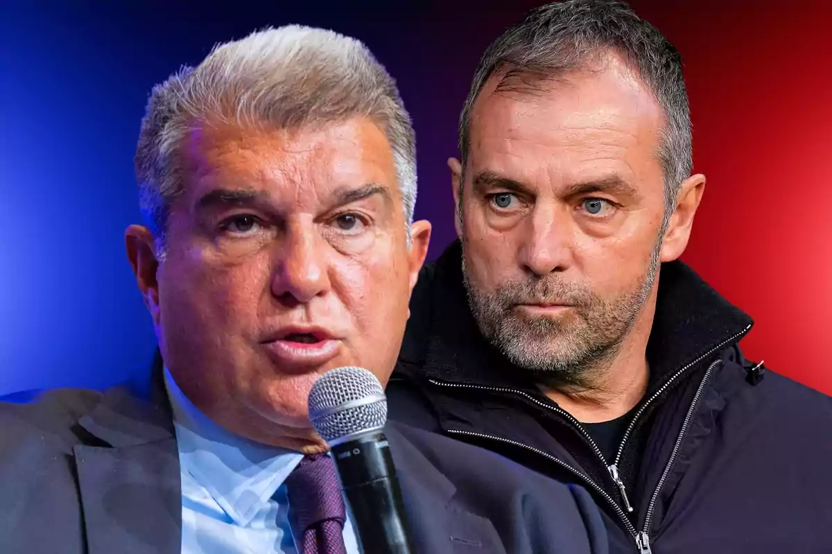 Two men in the foreground, one of them holding a microphone, and the background has a blue and red gradient.