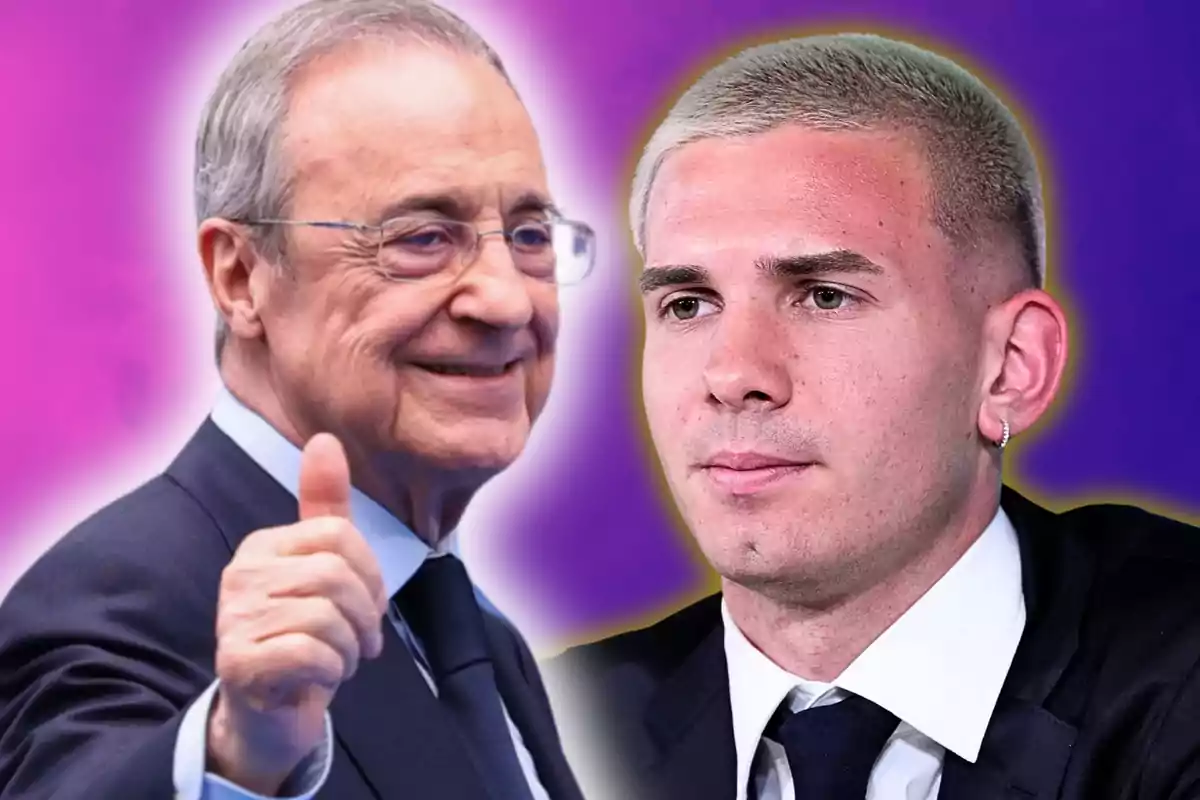 Two men in suits pose against a gradient purple background; one of them smiles and gives a thumbs up while the other looks straight ahead with a serious expression.