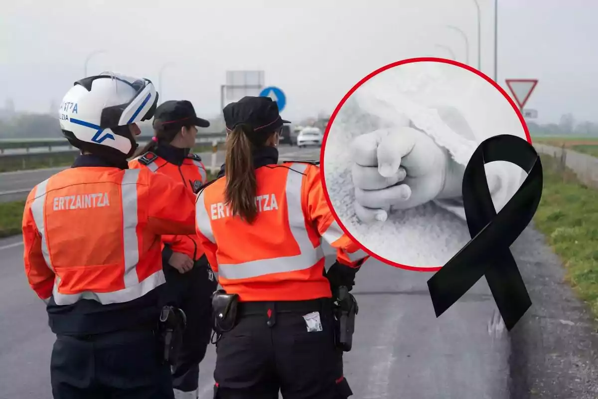 Tres agentes de la Ertzaintza en una carretera mientras en la imagen se superpone un círculo con la mano de un bebé y un lazo negro de luto