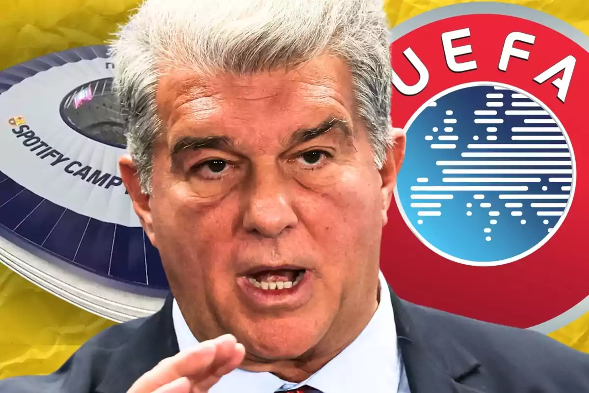 Gray-haired man in the foreground with the Spotify Camp Nou stadium and the UEFA logo in the background