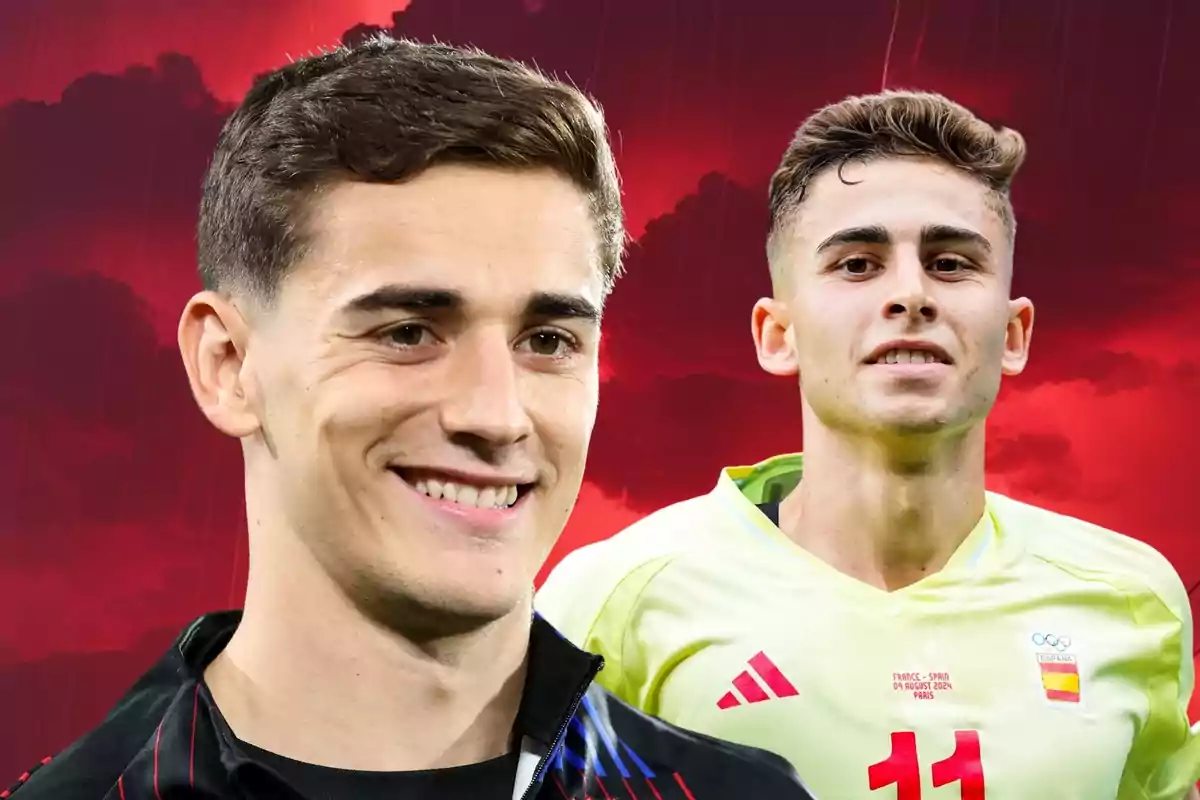 Dos jóvenes futbolistas posan frente a un fondo rojo con nubes oscuras, uno sonríe y lleva una chaqueta negra, el otro viste un uniforme amarillo de la selección de España
