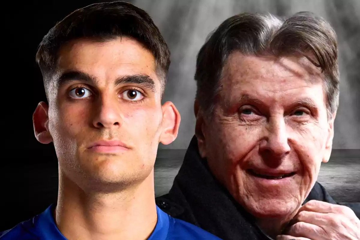 Dos hombres, uno joven y otro mayor, aparecen juntos en una imagen con fondo oscuro
