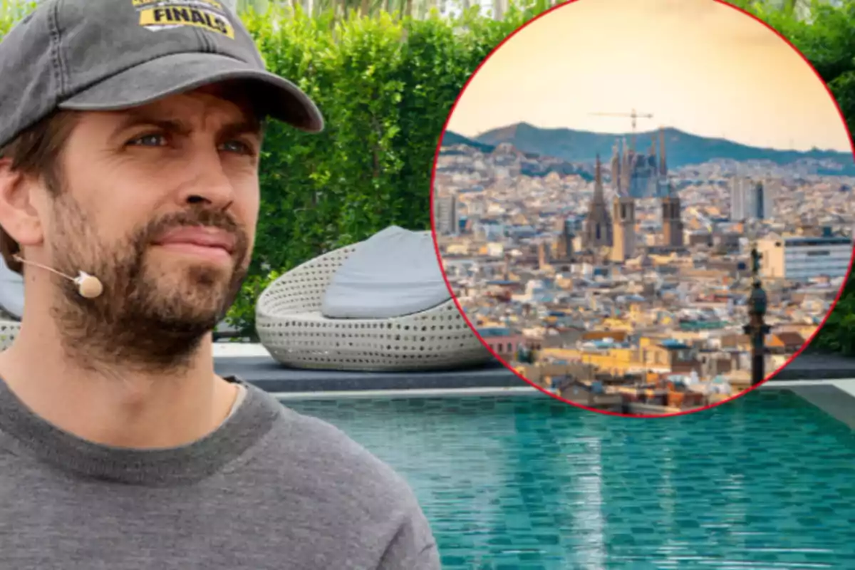 Home amb gorra i micròfon al costat d’una piscina amb un cercle que mostra una vista panoràmica d’una ciutat amb la Sagrada Família al fons Home amb gorra i micròfon al costat d’una piscina amb un cercle que mostra una vista panoràmica d’una ciutat amb la Sagrada Família al fons