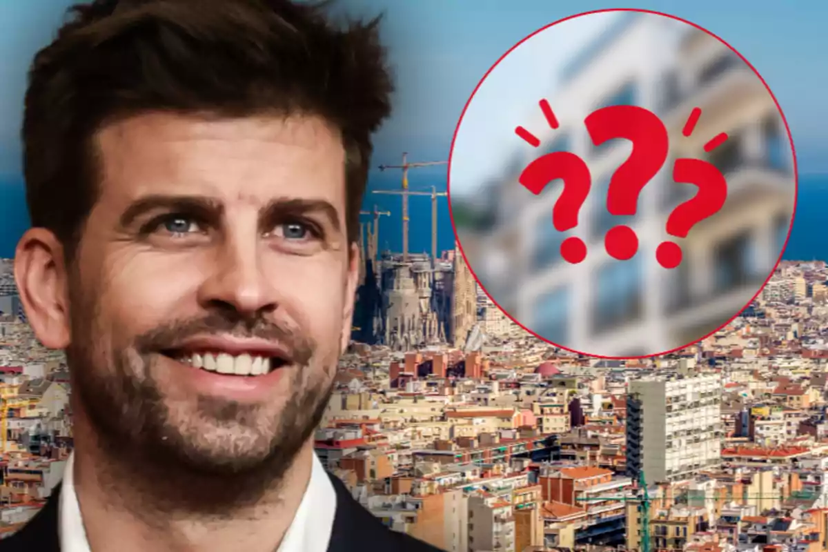 Home somrient en primer pla amb la ciutat de Barcelona de fons i un cercle amb signes d'interrogació sobre un edifici desenfocat