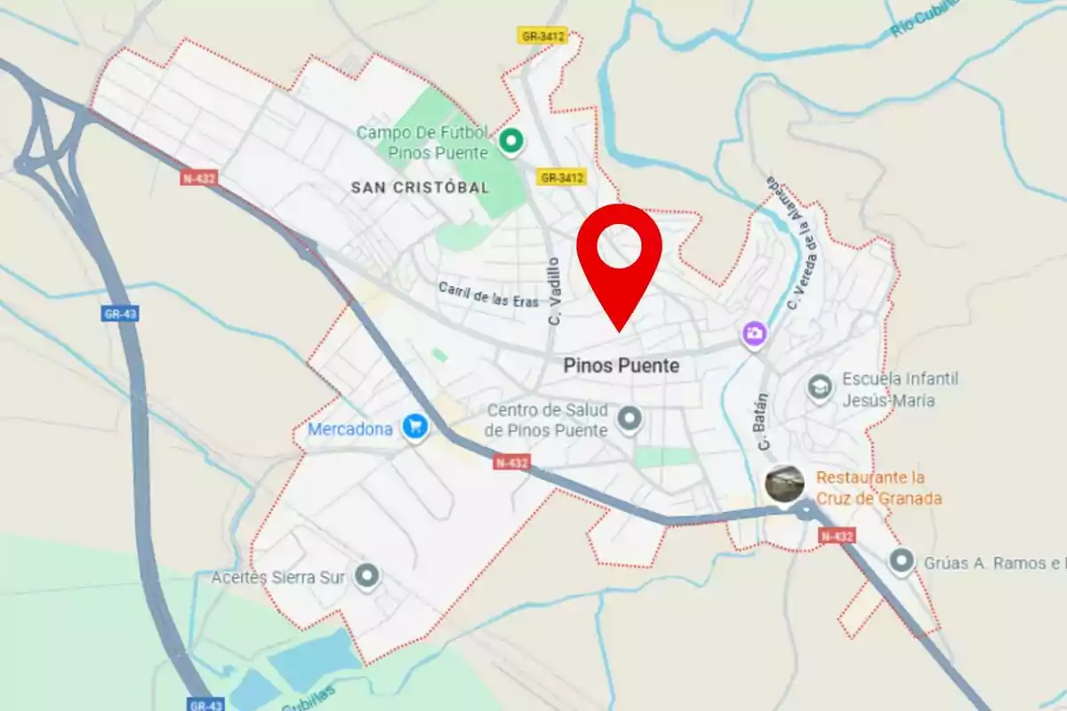 Mapa de Pinos Puente (Granada) amb un marcador vermell assenyalant una ubicació central al municipi. Mapa de Pinos Puente (Granada) amb un marcador vermell assenyalant una ubicació central al municipi.