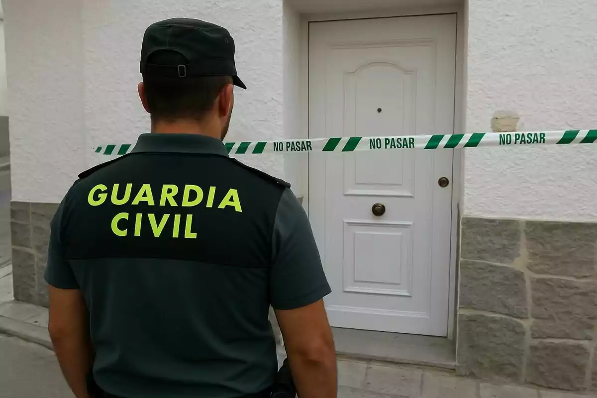 Un agent de la Guàrdia Civil d’esquena davant d’una porta acordonada amb cinta de no passar. Un agent de la Guàrdia Civil d’esquena davant d’una porta acordonada amb cinta de no passar.