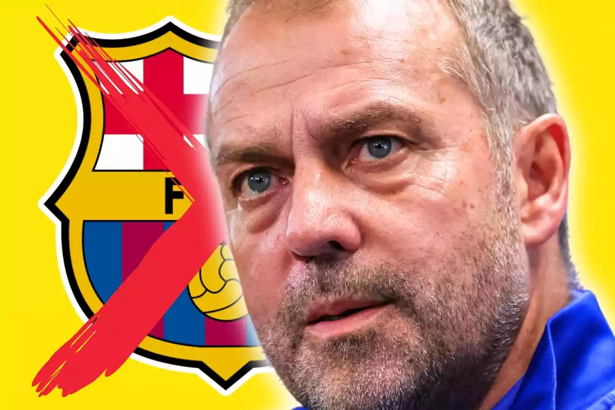 Hombre de cabello corto y barba con expresión seria frente al escudo del FC Barcelona tachado con una gran X roja sobre fondo amarillo