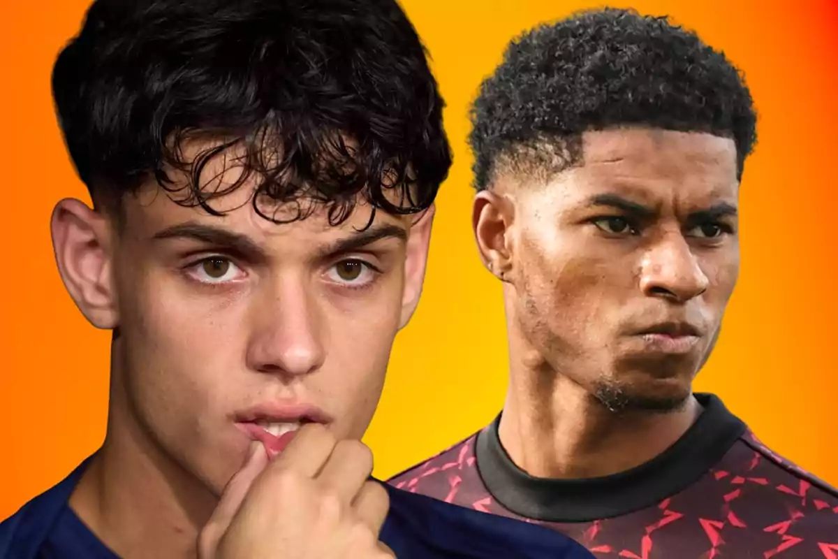 Two young players with serious expressions against an orange and yellow gradient background
