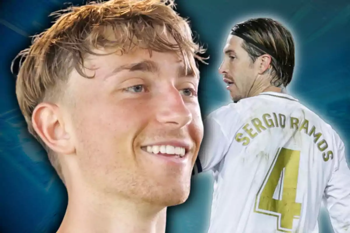 Un joven sonriente en primer plano y un futbolista de espaldas con la camiseta blanca del Real Madrid y el nombre Sergio Ramos con el número 4