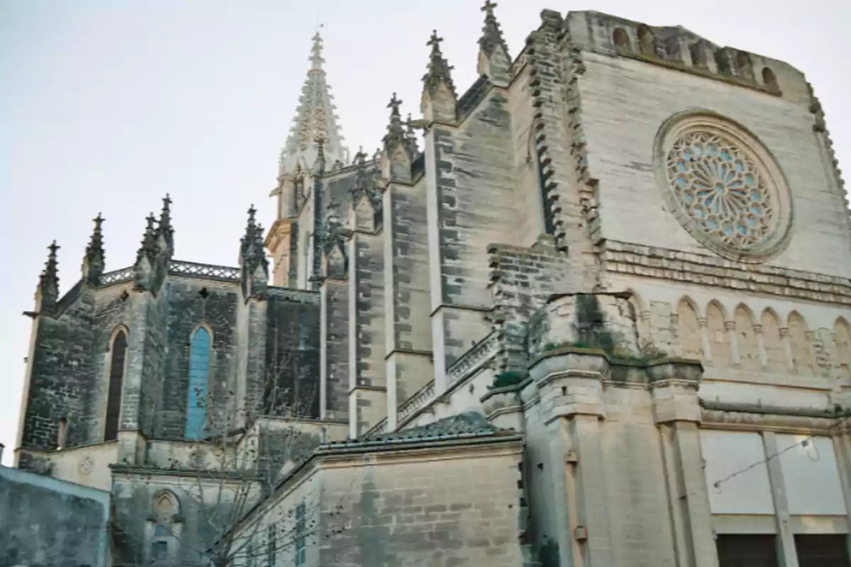 Catedral de piedra de estilo gótico con vitrales y rosetón en la fachada Catedral de piedra de estilo gótico con vitrales y rosetón en la fachada
