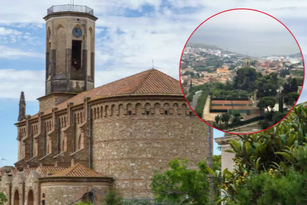 Iglesia de piedra con torre de reloj y tejado de tejas, acompañada de un recuadro que muestra una vista aérea del pueblo donde se encuentra Iglesia de piedra con torre de reloj y tejado de tejas, acompañada de un recuadro que muestra una vista aérea del pueblo donde se encuentra