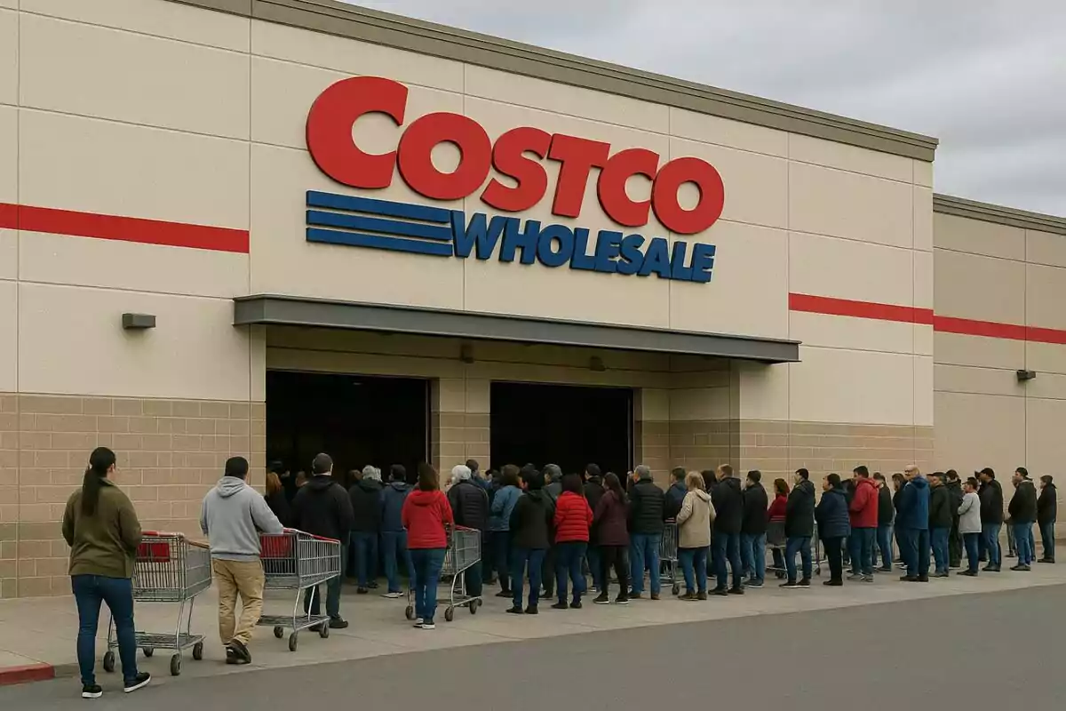 Personas haciendo fila con carritos de compras afuera de una tienda Costco Wholesale en un día nublado. Personas haciendo fila con carritos de compras afuera de una tienda Costco Wholesale en un día nublado.