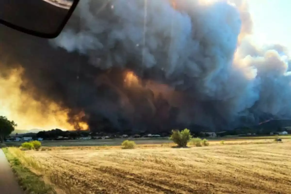 Campo seco con un gran incendio forestal al fondo y una densa nube de humo cubriendo el cielo Campo seco con un gran incendio forestal al fondo y una densa nube de humo cubriendo el cielo