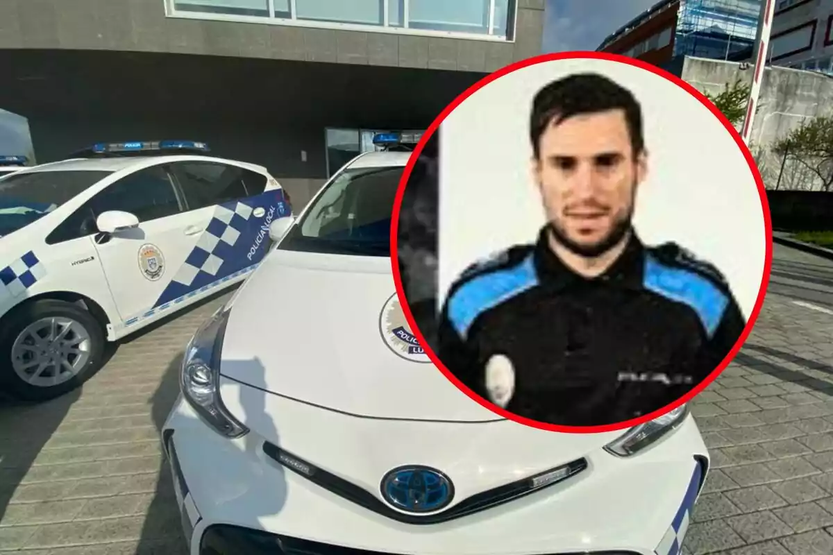 Dos patrullas de la policía local estacionadas frente a un edificio moderno con la imagen de un agente en uniforme dentro de un círculo rojo superpuesta en la esquina derecha Dos patrullas de la policía local estacionadas frente a un edificio moderno con la imagen de un agente en uniforme dentro de un círculo rojo superpuesta en la esquina derecha