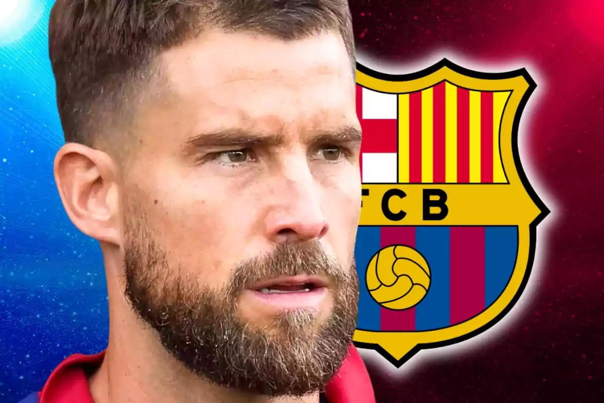 Bearded man in the foreground with the FC Barcelona crest in the background