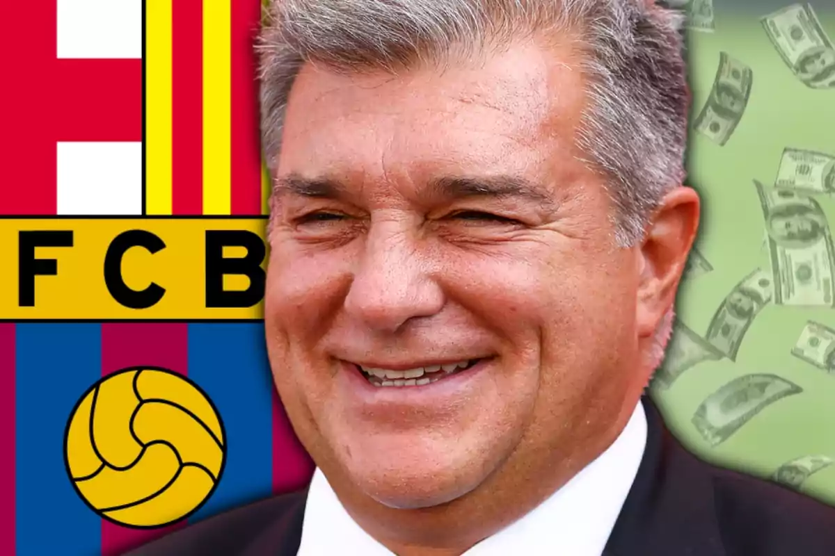 Smiling man with the FC Barcelona crest and bills in the background