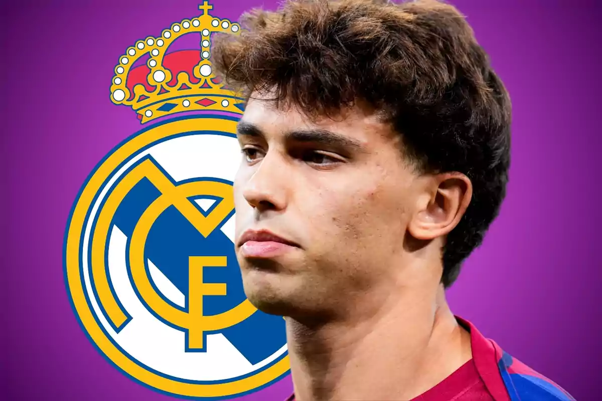 A player with a serious expression in front of the Real Madrid crest against a purple background