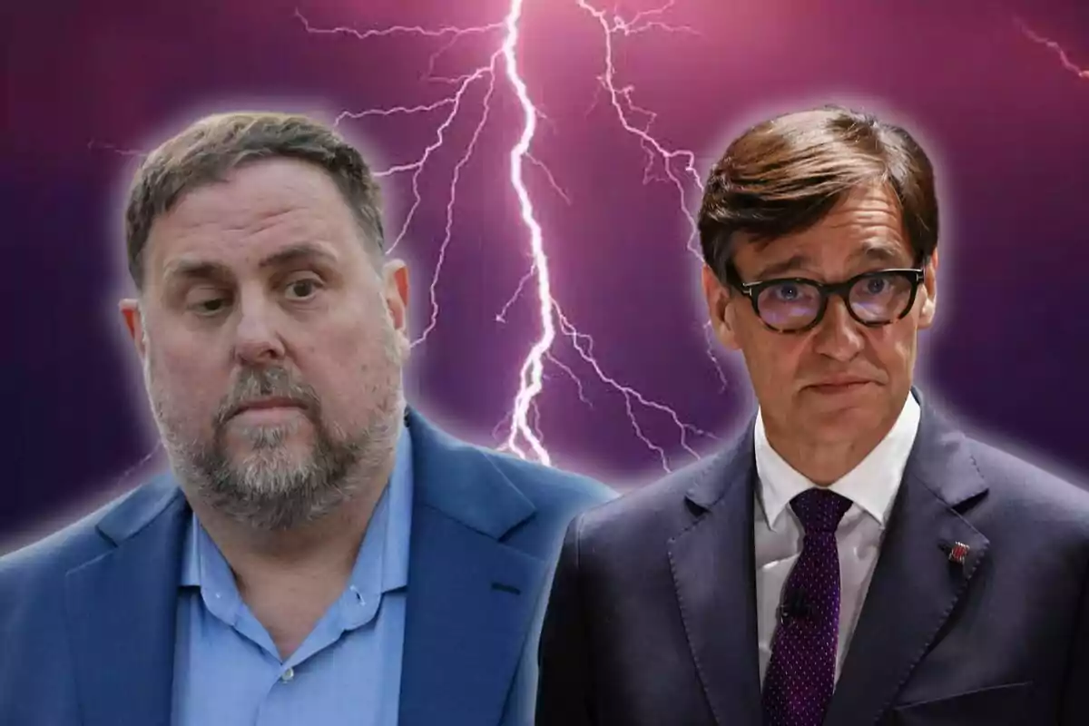 Dos hombres con expresión seria frente a un fondo púrpura con un rayo brillante