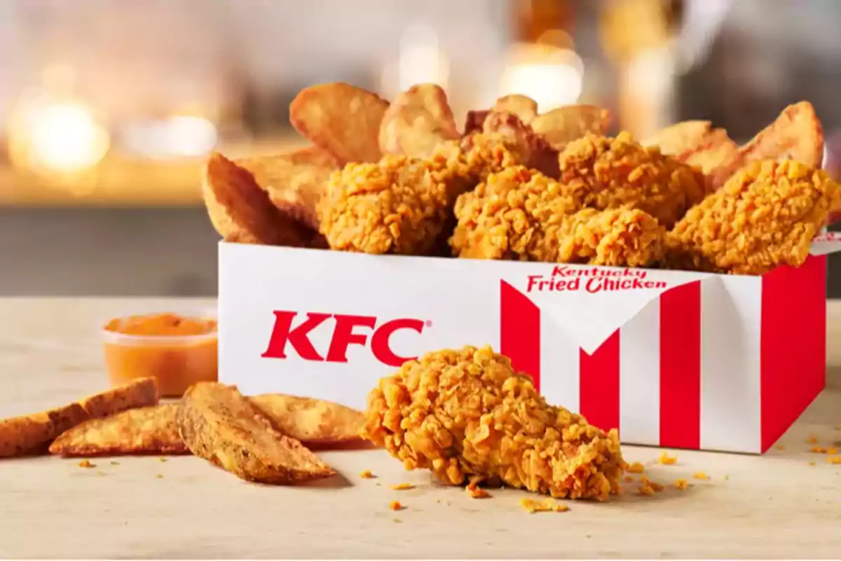 Caja de KFC con piezas de pollo frito crujiente y papas gajo sobre una mesa Caja de KFC con piezas de pollo frito crujiente y papas gajo sobre una mesa