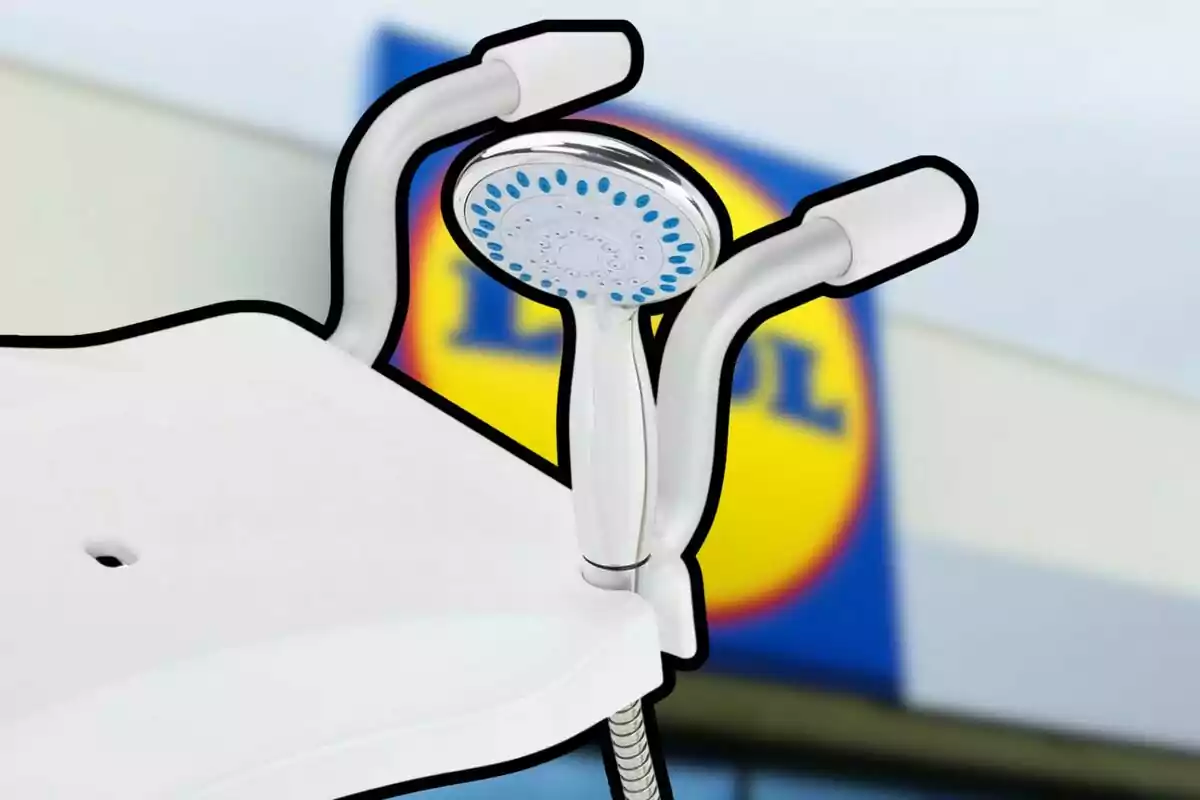 Shower chair with backrest and armrests next to a showerhead in front of a blurry Lidl sign Shower chair with backrest and armrests next to a showerhead in front of a blurry Lidl sign