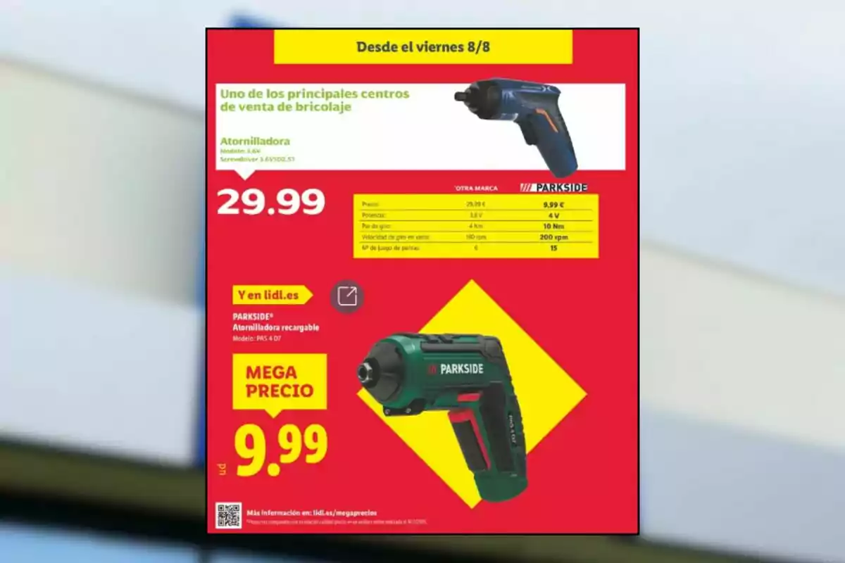 Folleto publicitario de Lidl con fondo rojo y amarillo que muestra dos atornilladoras eléctricas, una azul y otra verde de la marca Parkside, destacando un precio de 29.99 euros y una oferta especial de 9.99 euros Folleto publicitario de Lidl con fondo rojo y amarillo que muestra dos atornilladoras eléctricas, una azul y otra verde de la marca Parkside, destacando un precio de 29.99 euros y una oferta especial de 9.99 euros