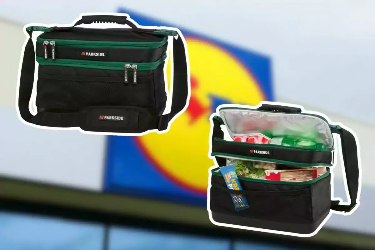 Black thermal bag from the Parkside brand with green details; one image shows the bag closed and the other open with food and drinks inside, and in the background there is a blurry Lidl sign. Black thermal bag from the Parkside brand with green details; one image shows the bag closed and the other open with food and drinks inside, and in the background there is a blurry Lidl sign.