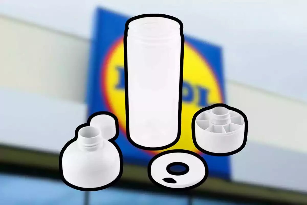Several disassembled white plastic components on a blurred background with the logo of a Lidl store. Several disassembled white plastic components on a blurred background with the logo of a Lidl store.