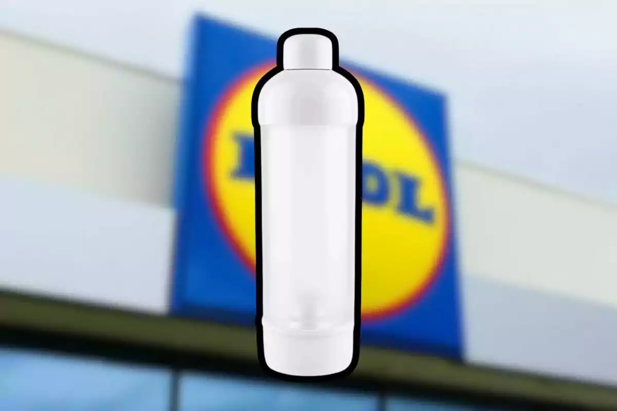 White plastic bottle in the foreground with the Lidl logo blurred in the background White plastic bottle in the foreground with the Lidl logo blurred in the background