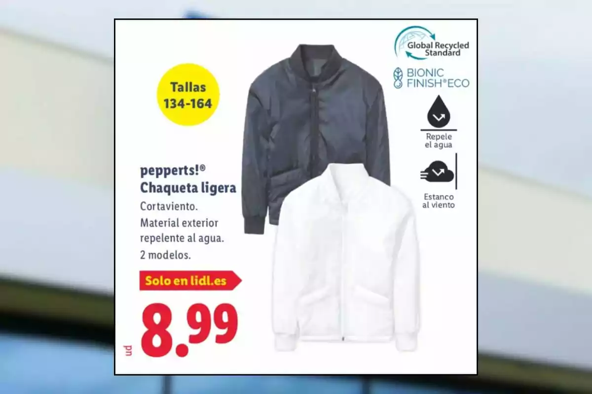 Advertising for lightweight jackets for children in sizes 134 to 164 from the brand Pepperts, available in two colors, with water-repellent and wind-resistant outer material, priced at 8.99 euros at Lidl. Advertising for lightweight jackets for children in sizes 134 to 164 from the brand Pepperts, available in two colors, with water-repellent and wind-resistant outer material, priced at 8.99 euros at Lidl.