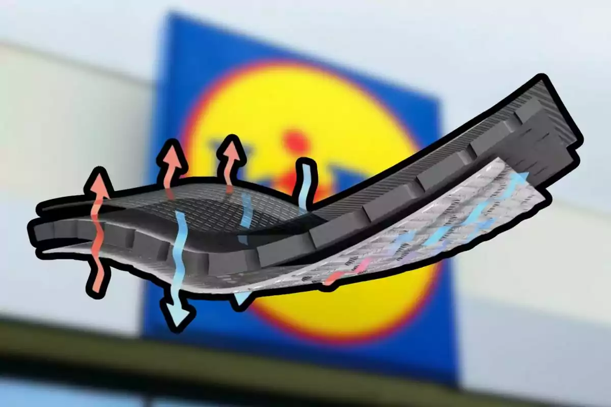Plantilla de zapato con flechas de colores que indican ventilación y fondo desenfocado de un letrero de supermercado. Plantilla de zapato con flechas de colores que indican ventilación y fondo desenfocado de un letrero de supermercado.