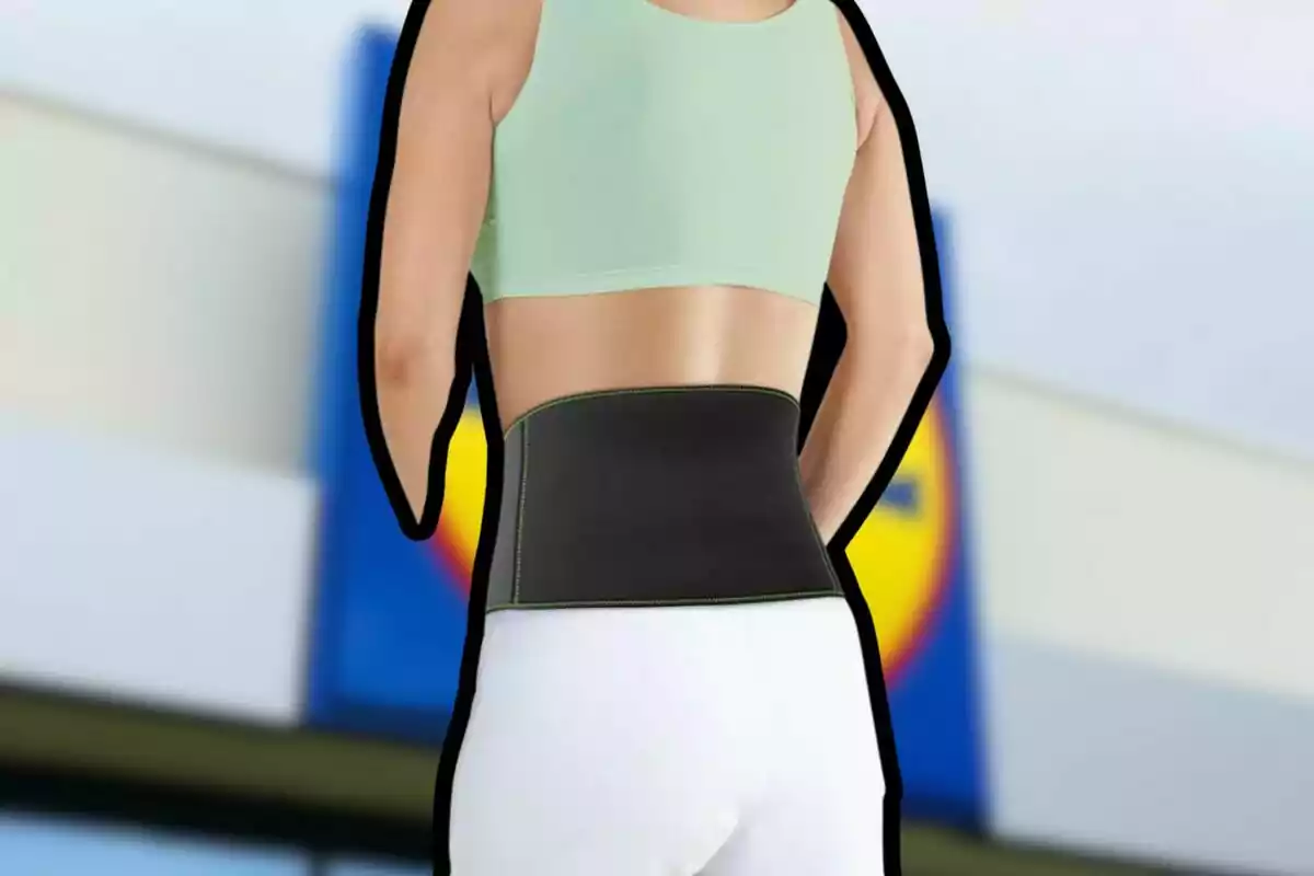 Persona de espaldas usando una faja deportiva negra sobre ropa deportiva clara frente a un supermercado Persona de espaldas usando una faja deportiva negra sobre ropa deportiva clara frente a un supermercado