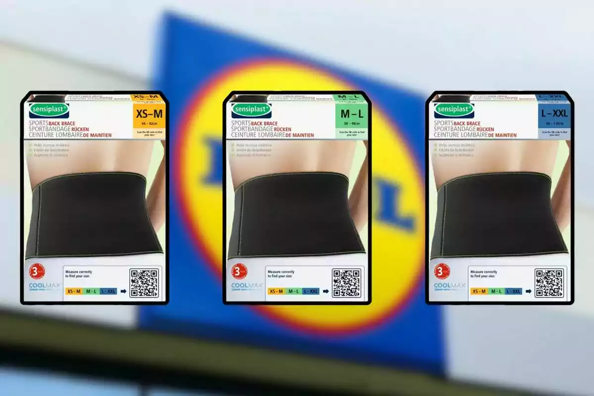 Tres cajas de fajas lumbares deportivas de diferentes tallas de la marca Sensiplast frente a un fondo borroso con el logo de Lidl. Tres cajas de fajas lumbares deportivas de diferentes tallas de la marca Sensiplast frente a un fondo borroso con el logo de Lidl.