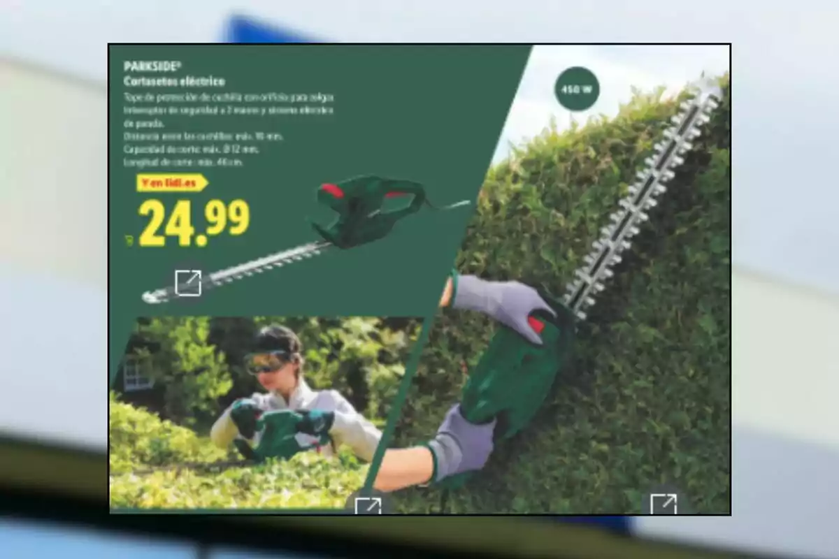 Publicidad de un cortasetos eléctrico Parkside de 450 W con precio de 24.99 euros mostrando el producto y a una persona usándolo en el jardín Publicidad de un cortasetos eléctrico Parkside de 450 W con precio de 24.99 euros mostrando el producto y a una persona usándolo en el jardín