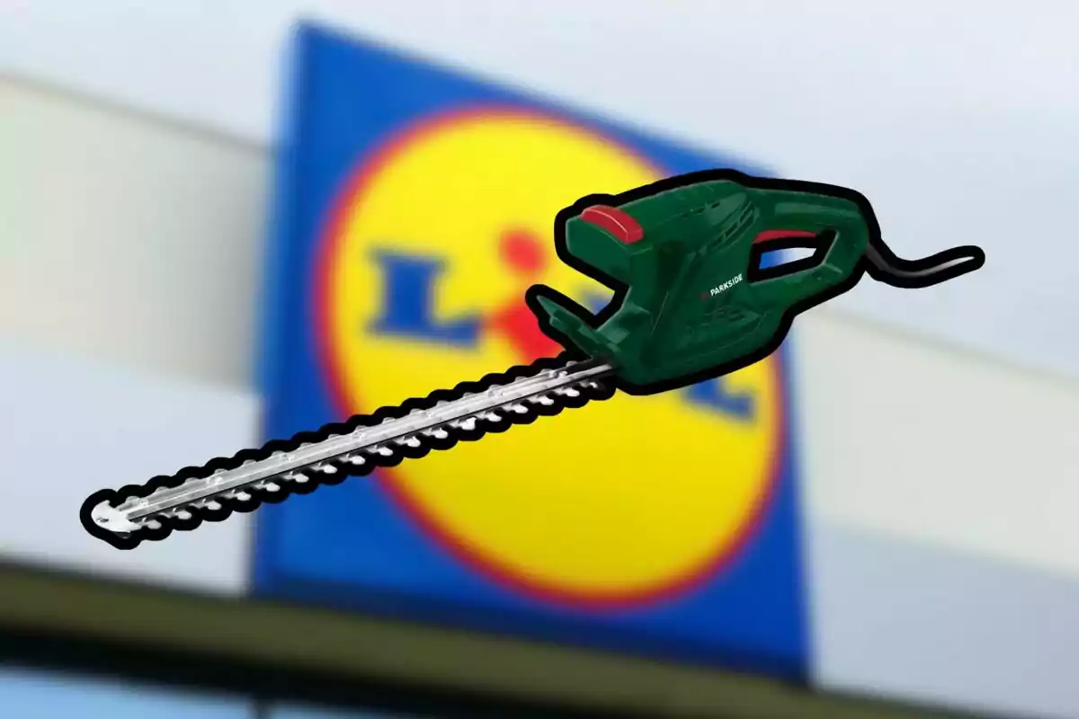 Cortasetos eléctrico de color verde con fondo desenfocado de un letrero de supermercado Lidl Cortasetos eléctrico de color verde con fondo desenfocado de un letrero de supermercado Lidl