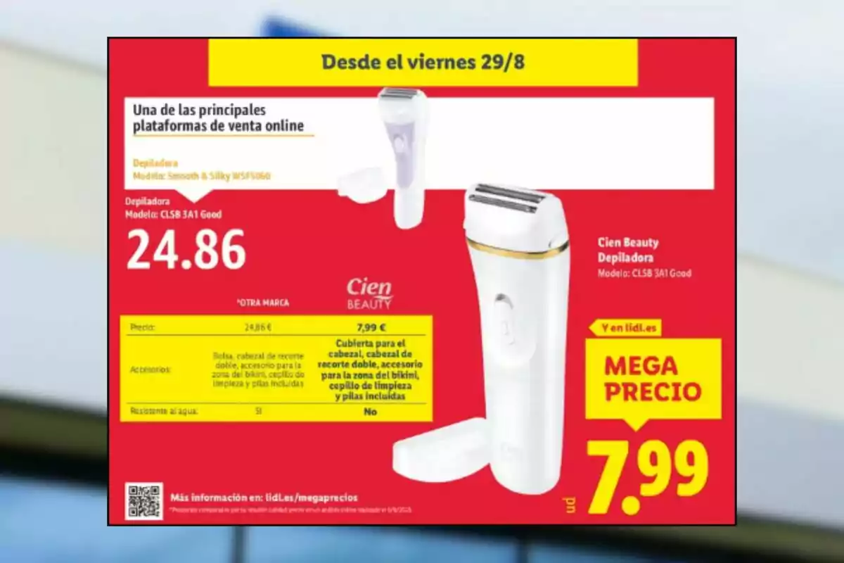 Publicitat d’una depiladora elèctrica blanca de la marca Cien Beauty en oferta a Lidl, destacant un preu rebaixat de 7,99 euros i mostrant el producte amb els seus accessoris sobre un fons vermell i groc. Publicitat d’una depiladora elèctrica blanca de la marca Cien Beauty en oferta a Lidl, destacant un preu rebaixat de 7,99 euros i mostrant el producte amb els seus accessoris sobre un fons vermell i groc.
