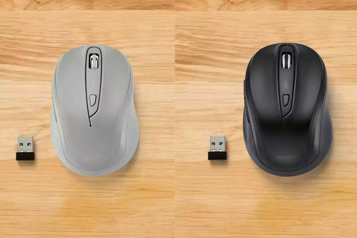 Dos mouse inalámbricos, uno gris y uno negro, junto a sus respectivos receptores USB sobre una superficie de madera. Dos mouse inalámbricos, uno gris y uno negro, junto a sus respectivos receptores USB sobre una superficie de madera.