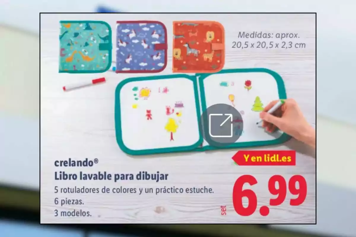 Llibre rentable per dibuixar de la marca Crelando amb diferents dissenys de portada, inclou retoladors de colors i un estoig, preu de 6,99 euros Llibre rentable per dibuixar de la marca Crelando amb diferents dissenys de portada, inclou retoladors de colors i un estoig, preu de 6,99 euros