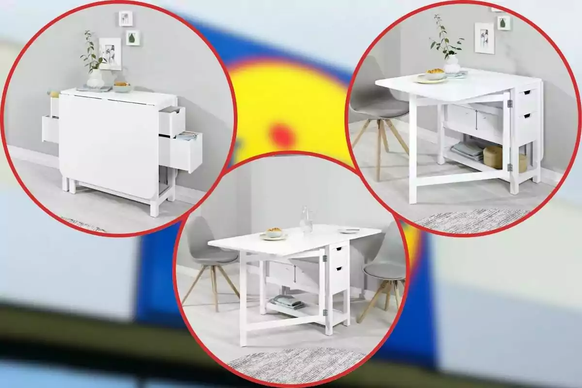 Taula blanca plegable multifuncional amb calaixos i espai d’emmagatzematge mostrada en tres posicions diferents Taula blanca plegable multifuncional amb calaixos i espai d’emmagatzematge mostrada en tres posicions diferents