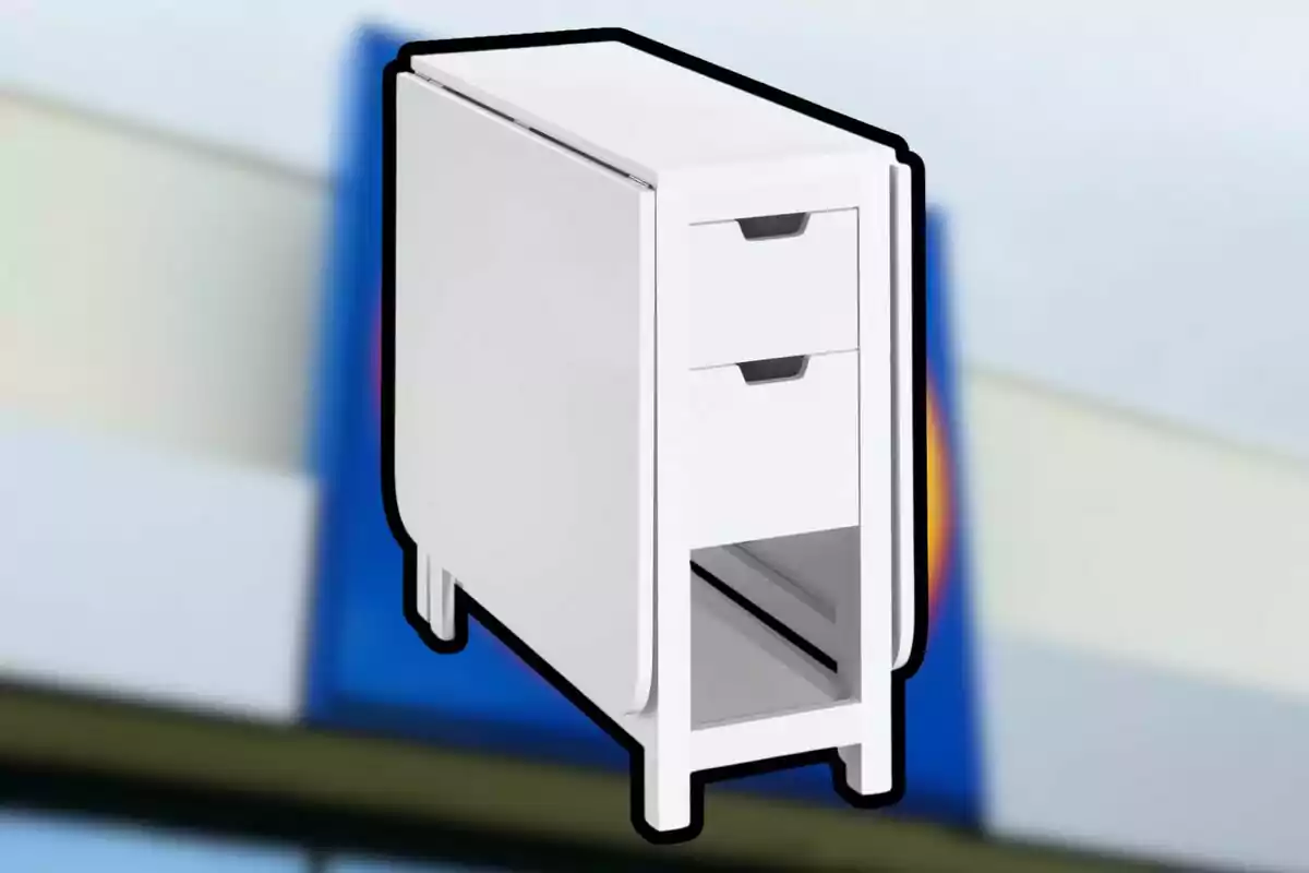 Moble blanc plegable amb dos calaixos i un compartiment inferior sobre un fons desenfocat Moble blanc plegable amb dos calaixos i un compartiment inferior sobre un fons desenfocat