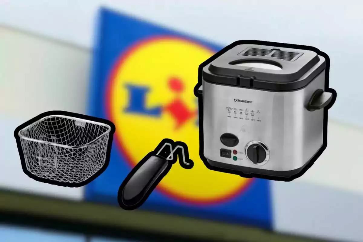 Stainless steel deep fryer with basket and tongs in front of a blurry Lidl store sign Stainless steel deep fryer with basket and tongs in front of a blurry Lidl store sign