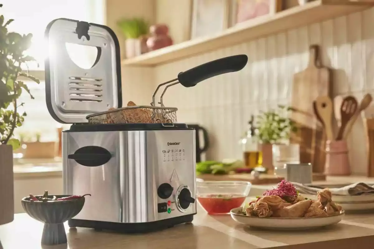 Stainless steel open-lid fryer with basket, in a brightly lit kitchen with fried foods and sauce on the table Stainless steel open-lid fryer with basket, in a brightly lit kitchen with fried foods and sauce on the table