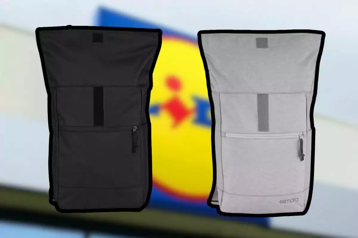 Dos mochilas rectangulares, una negra y una gris, con fondo desenfocado de un letrero de supermercado. Dos mochilas rectangulares, una negra y una gris, con fondo desenfocado de un letrero de supermercado.