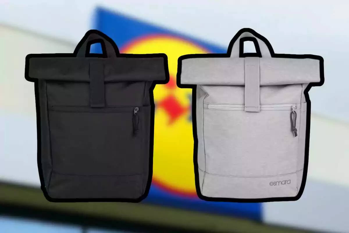 Dos mochilas de tela, una negra y una gris, con fondo desenfocado de un letrero de supermercado. Dos mochilas de tela, una negra y una gris, con fondo desenfocado de un letrero de supermercado.